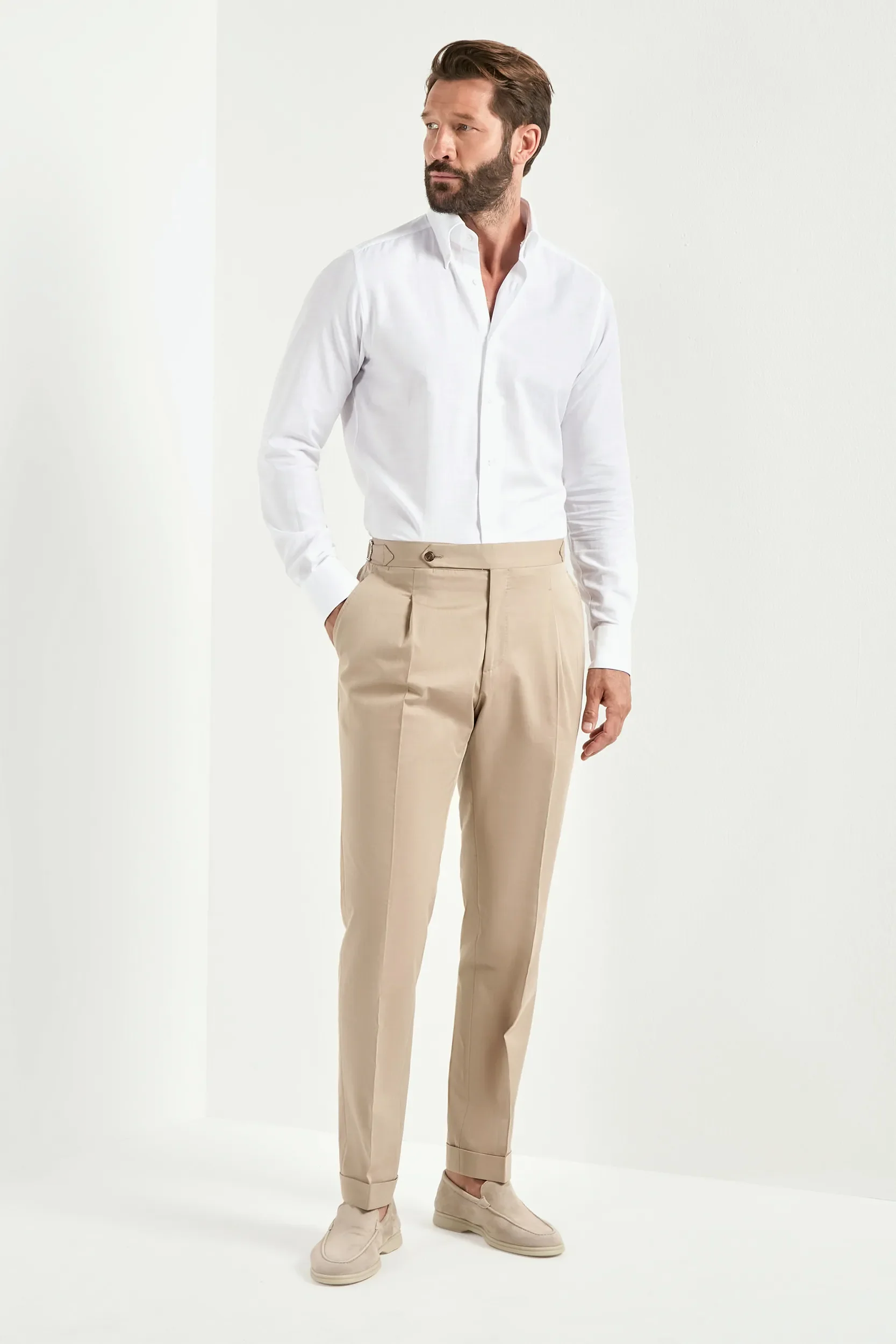 Almond wool and cotton Roma trousers - Made in Italy - Image 4