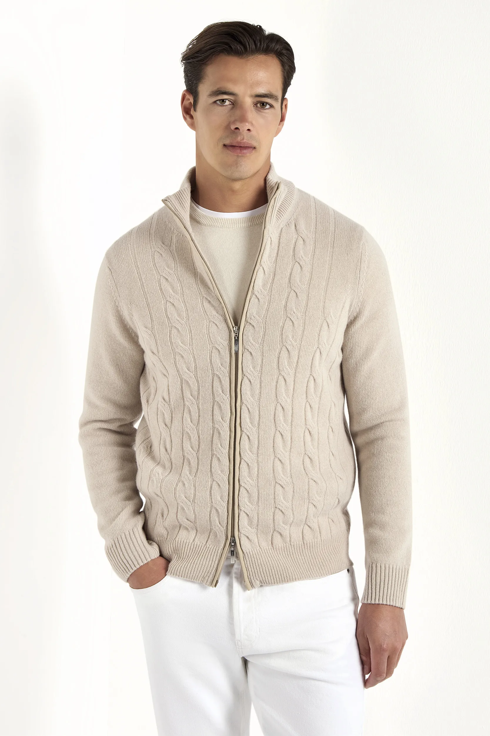Beige cable knit cashmere blend full zip – Made in Italy