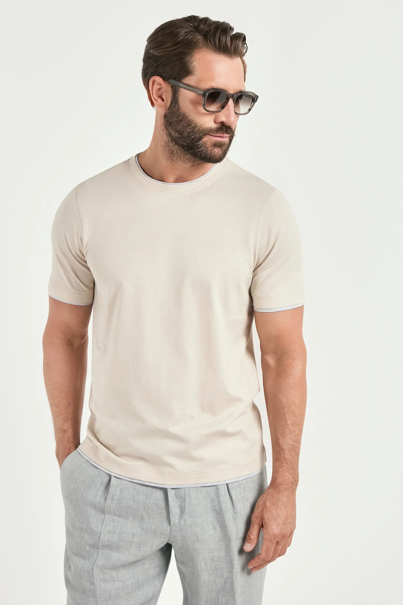 Beige cotton t-shirt with collar detail - Made in Italy