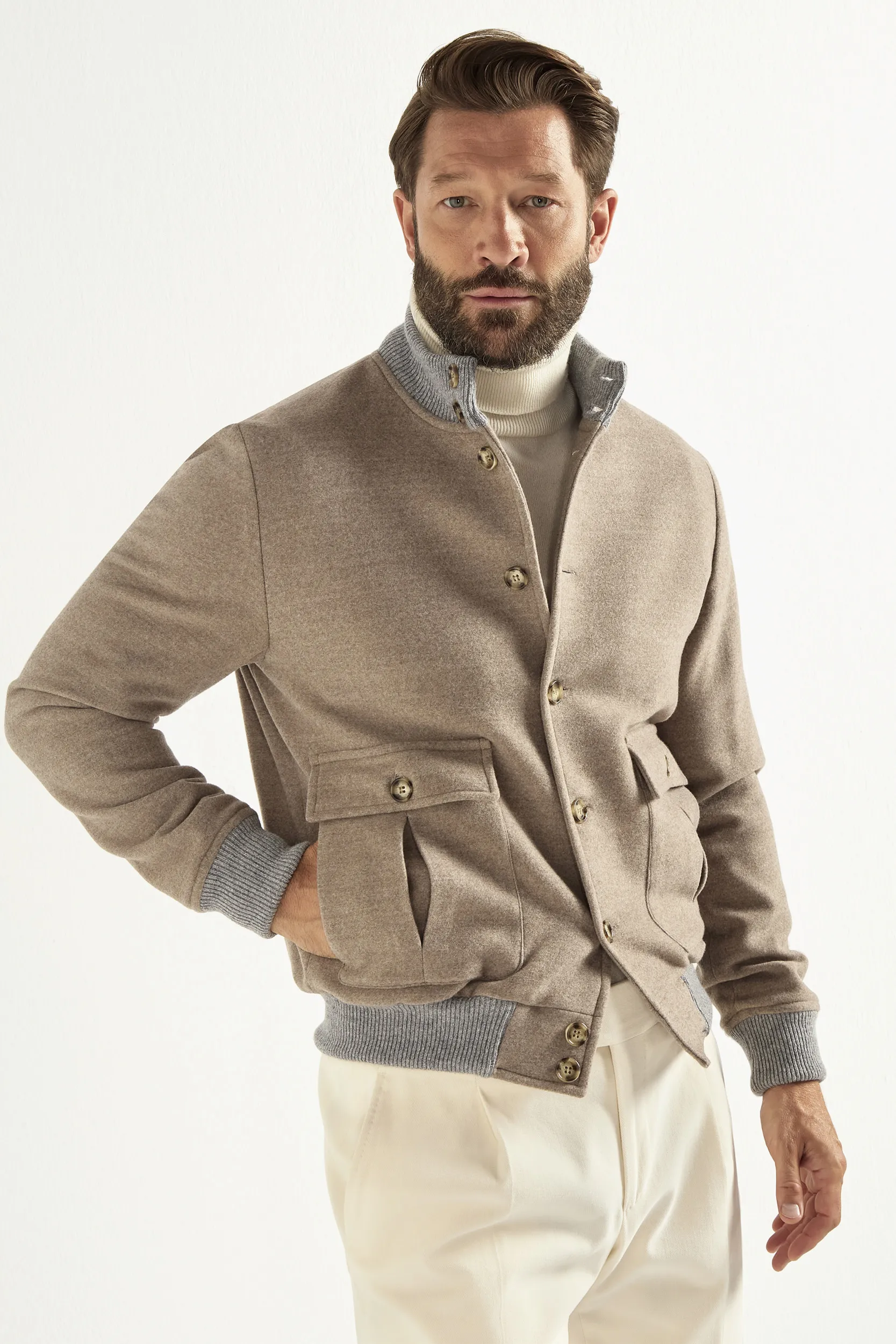 Beige Super 180's wool flannel bomber jacket – Made in Italy - Image 2