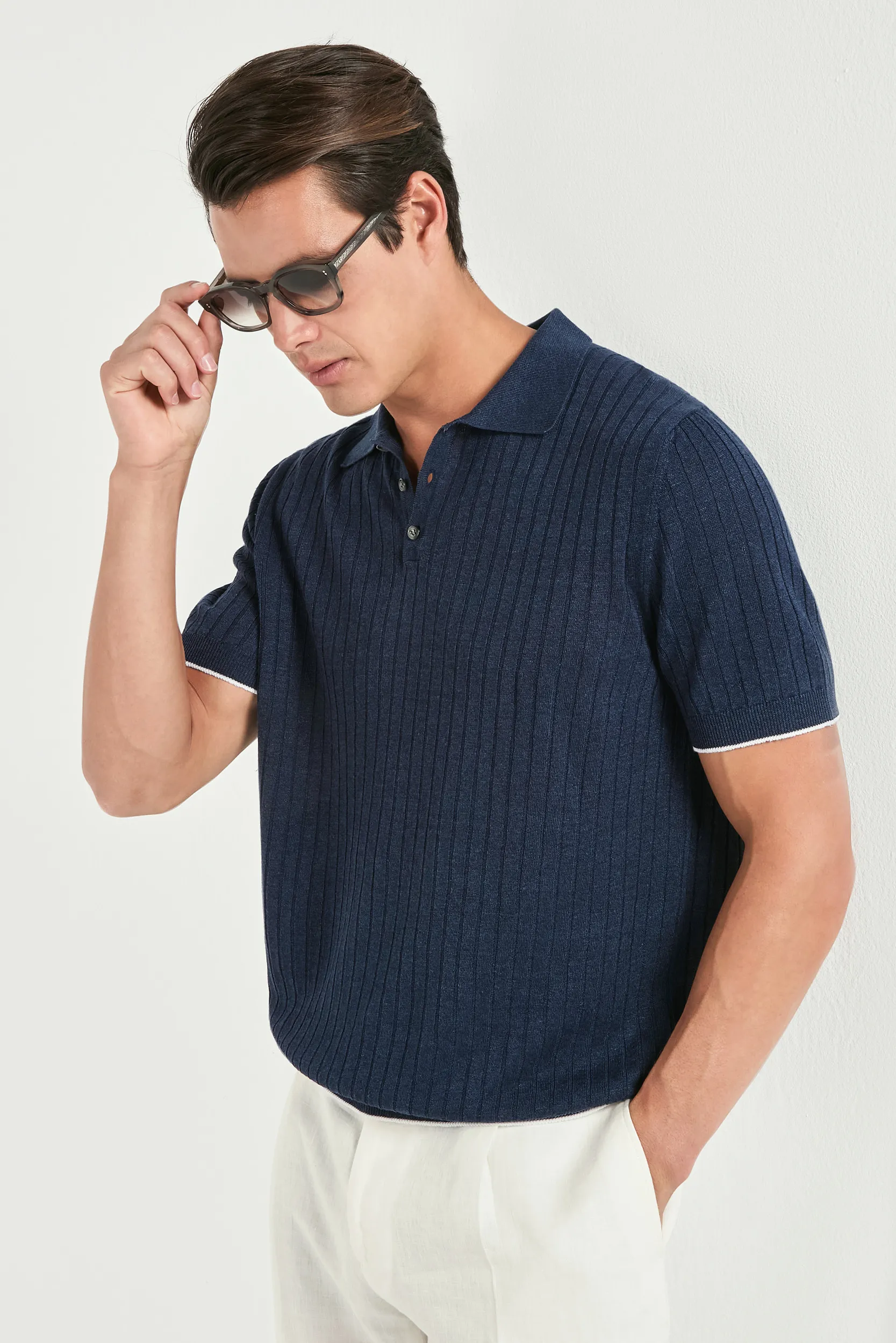 Blue cotton and linen ribbed polo - Made in Italy - Image 2