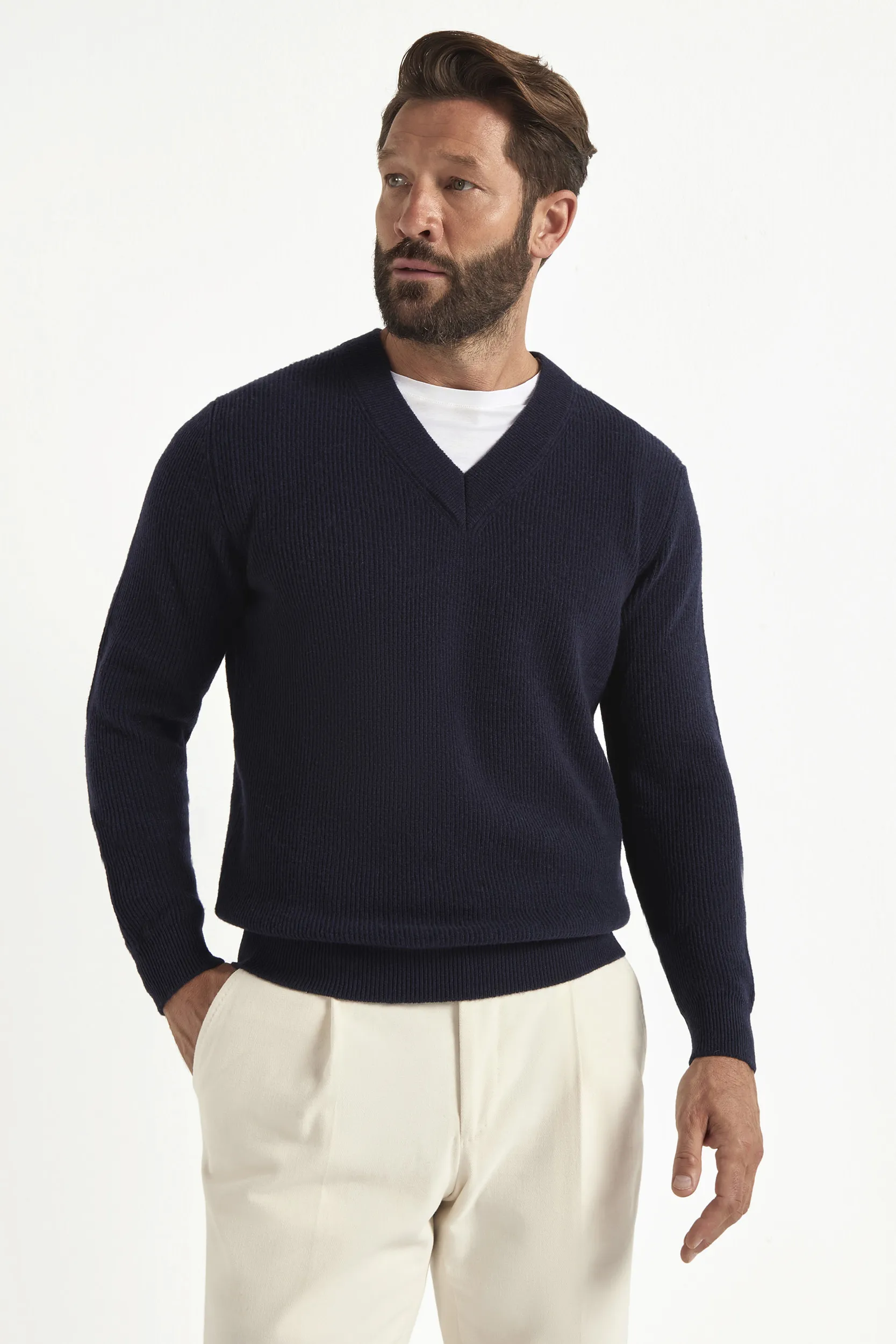 Blue ribbed v-neck sweater - Made in Italy