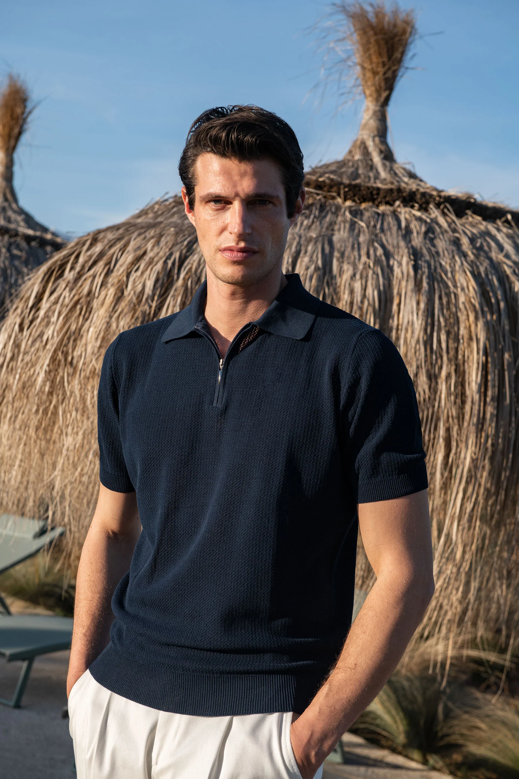 Blue textured knit polo with zip - Made in Italy - Image 4