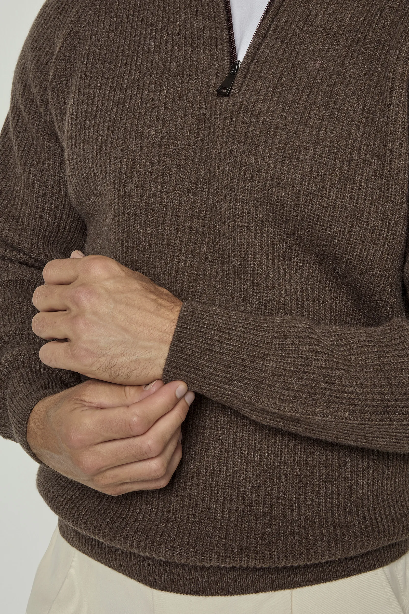 Brown cashmere blend ribbed half zip - Made in Italy - Image 2