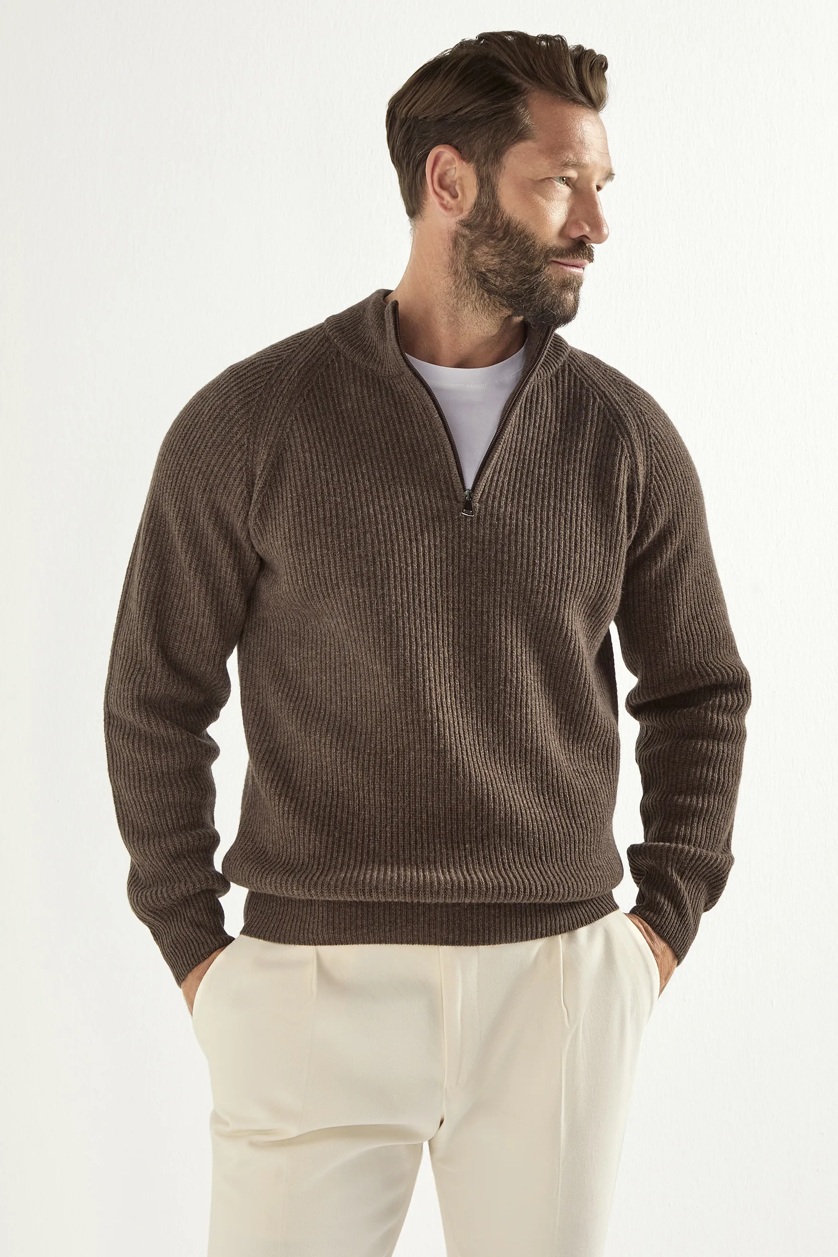 Brown cashmere blend ribbed half zip - Made in Italy - Image 4