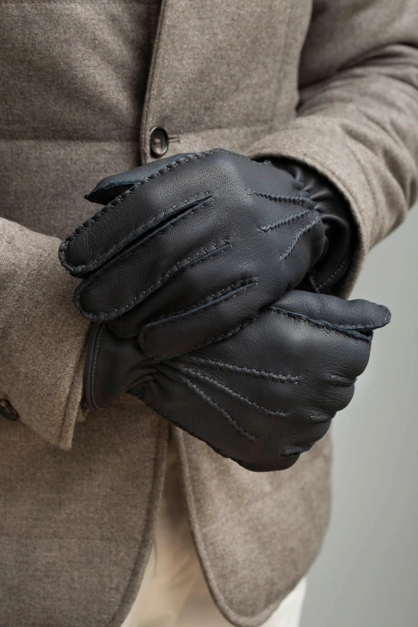 Dark blue Cashmere Lined Deerskin Leather Gloves - Made in Italy - Image 2