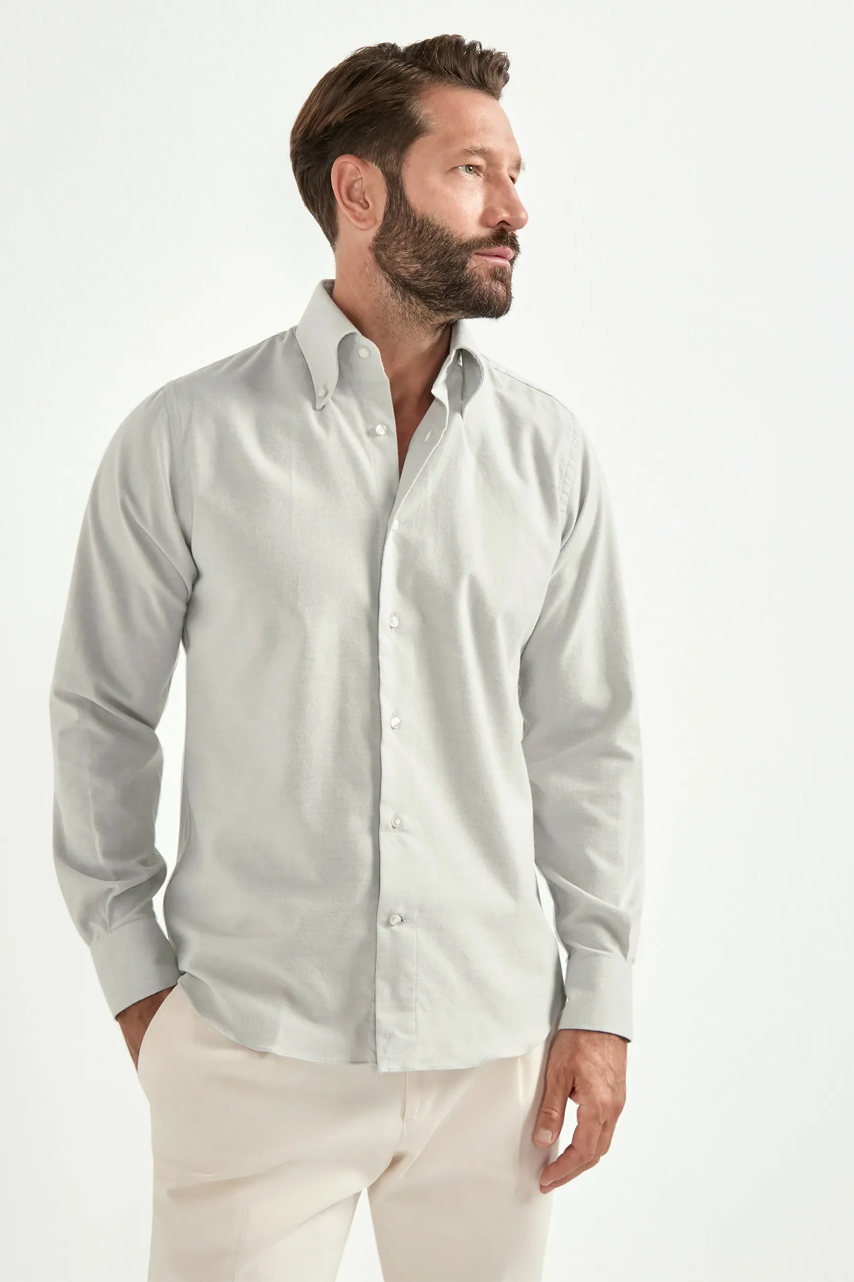 Grey brushed cotton button down shirt - Made In Italy - Image 4