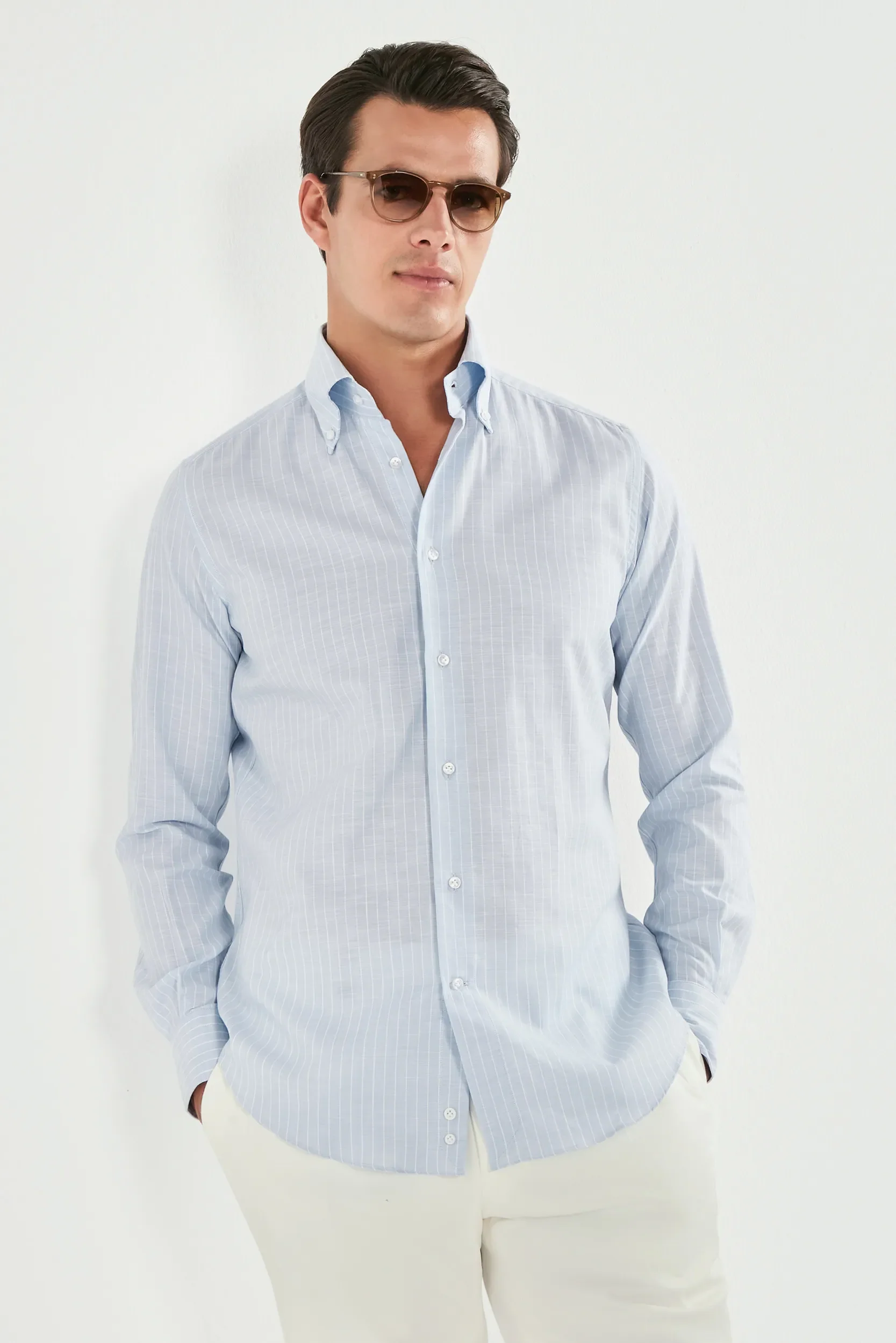 Light blue striped chambray button down shirt - Made in Italy - Image 5