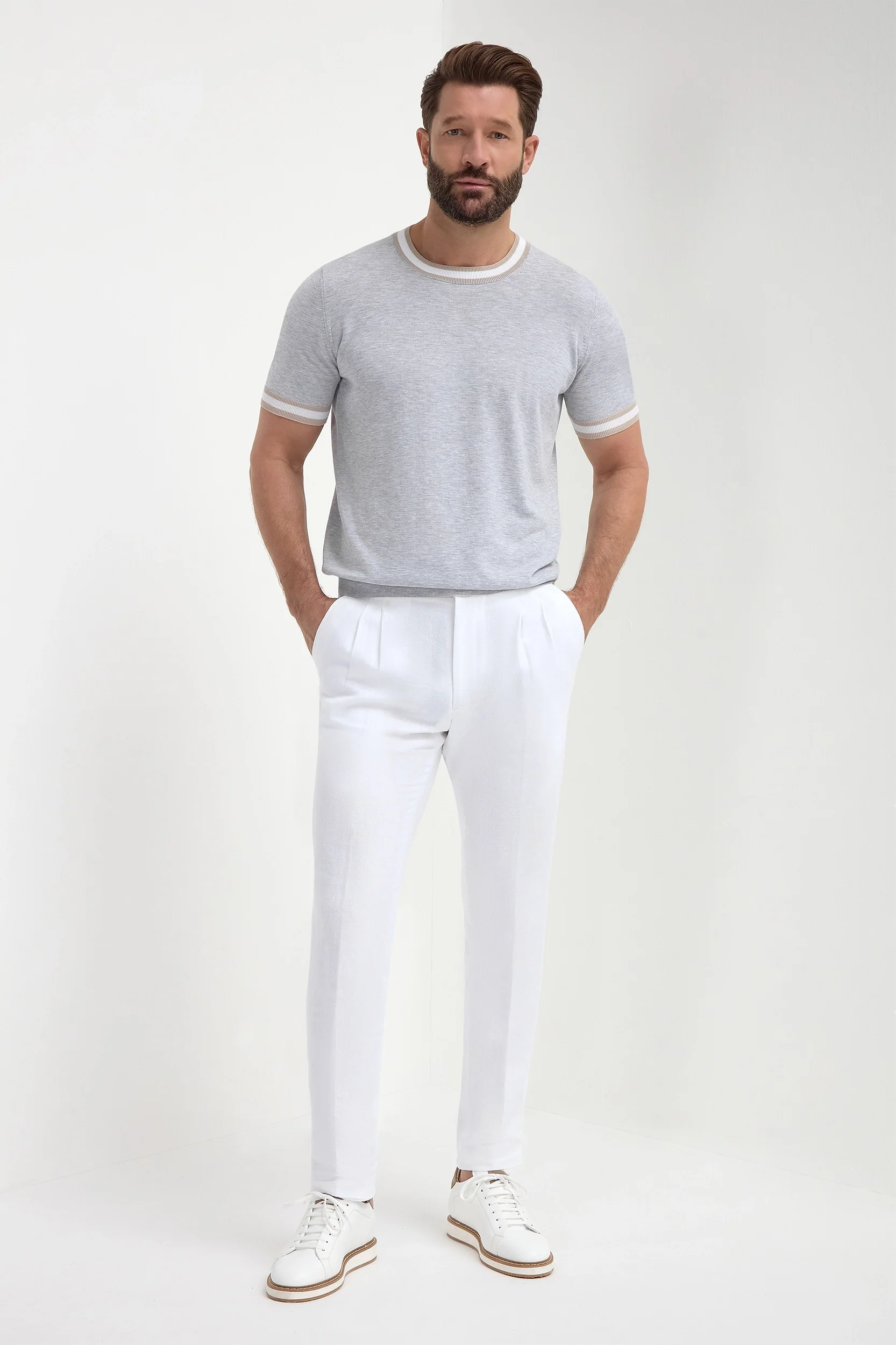 Light grey striped collar detail knitted t-shirt - Made in Italy - Image 3