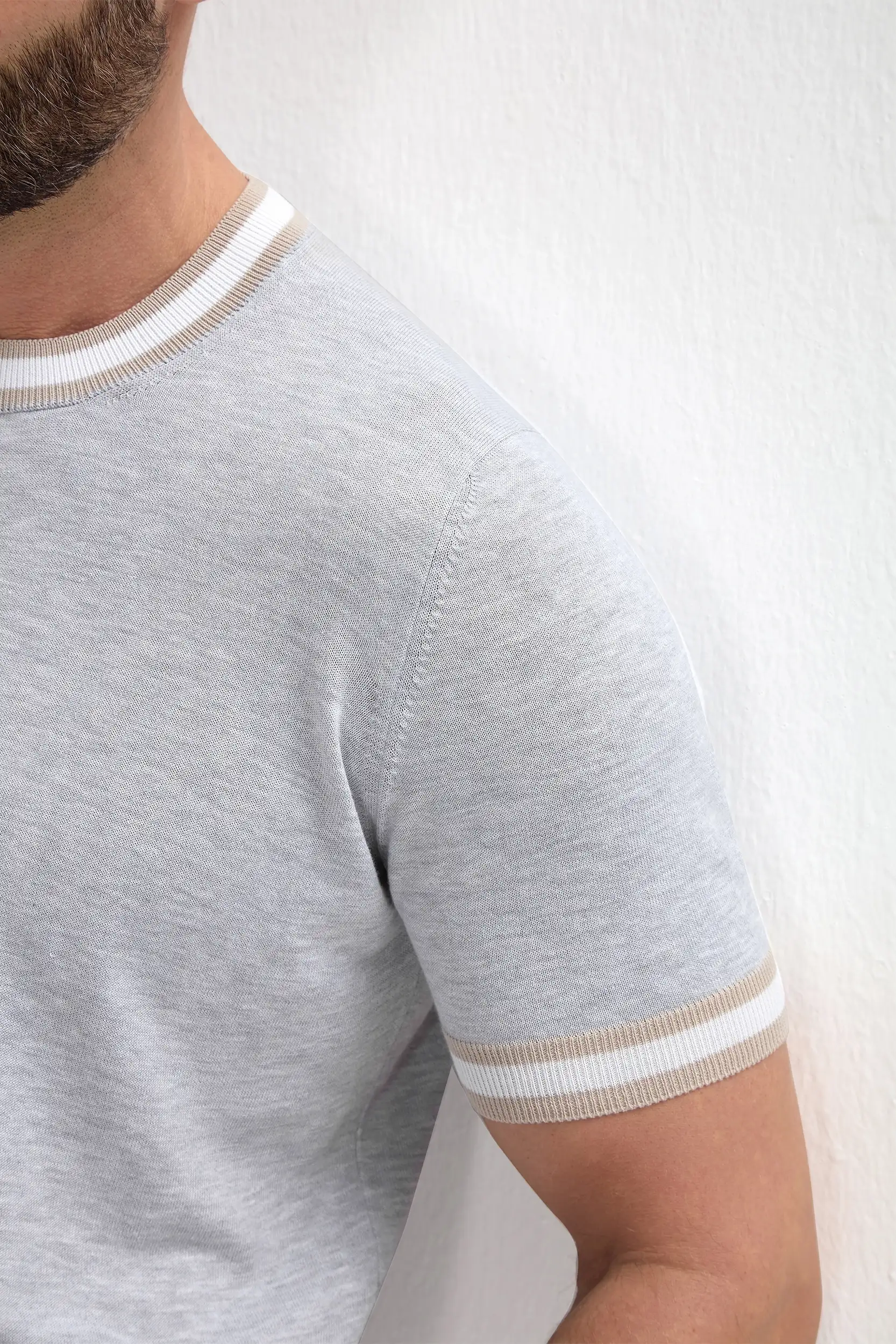 Light grey striped collar detail knitted t-shirt - Made in Italy - Image 4