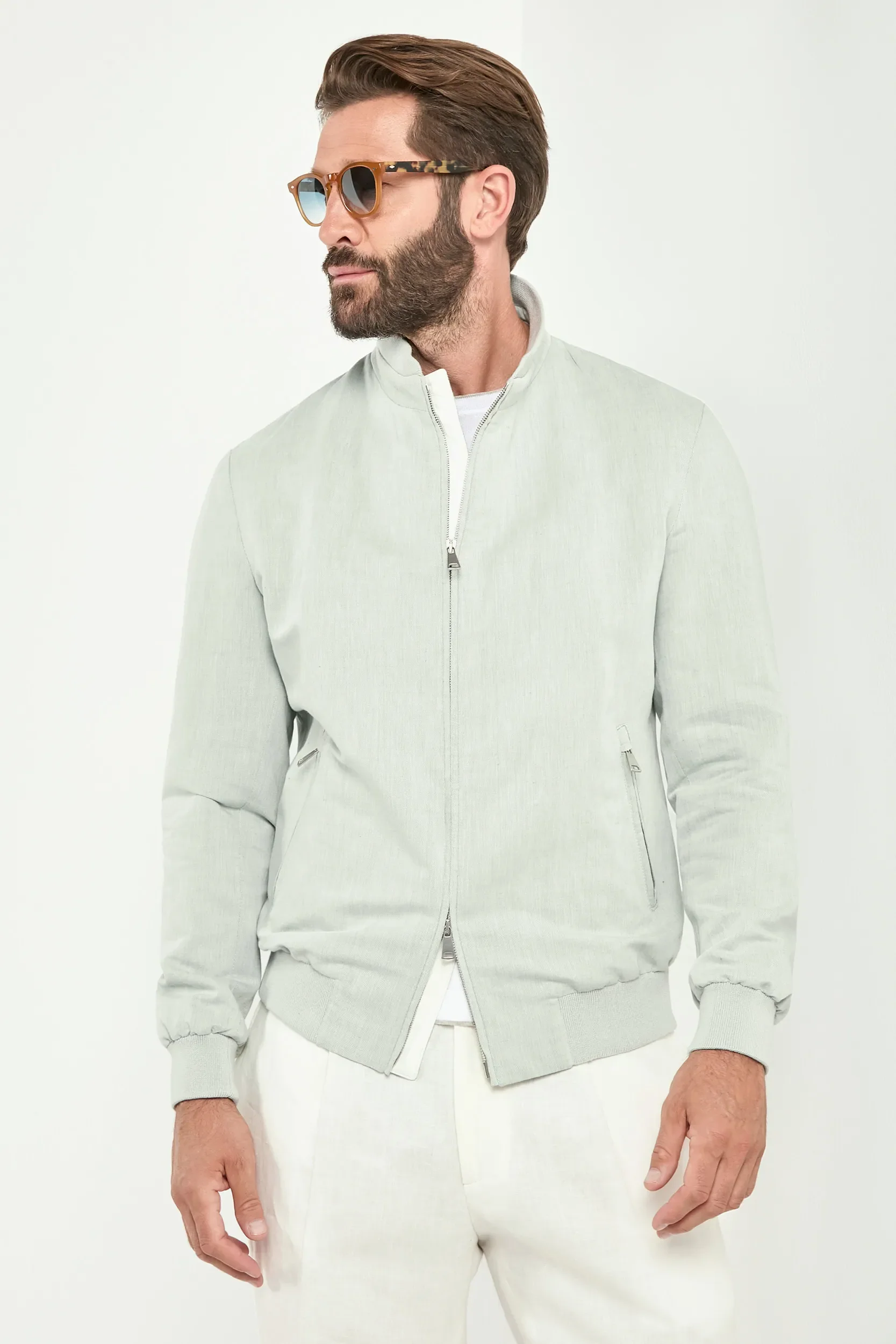 Light sage linen and cotton bomber - Made in Italy - Image 3