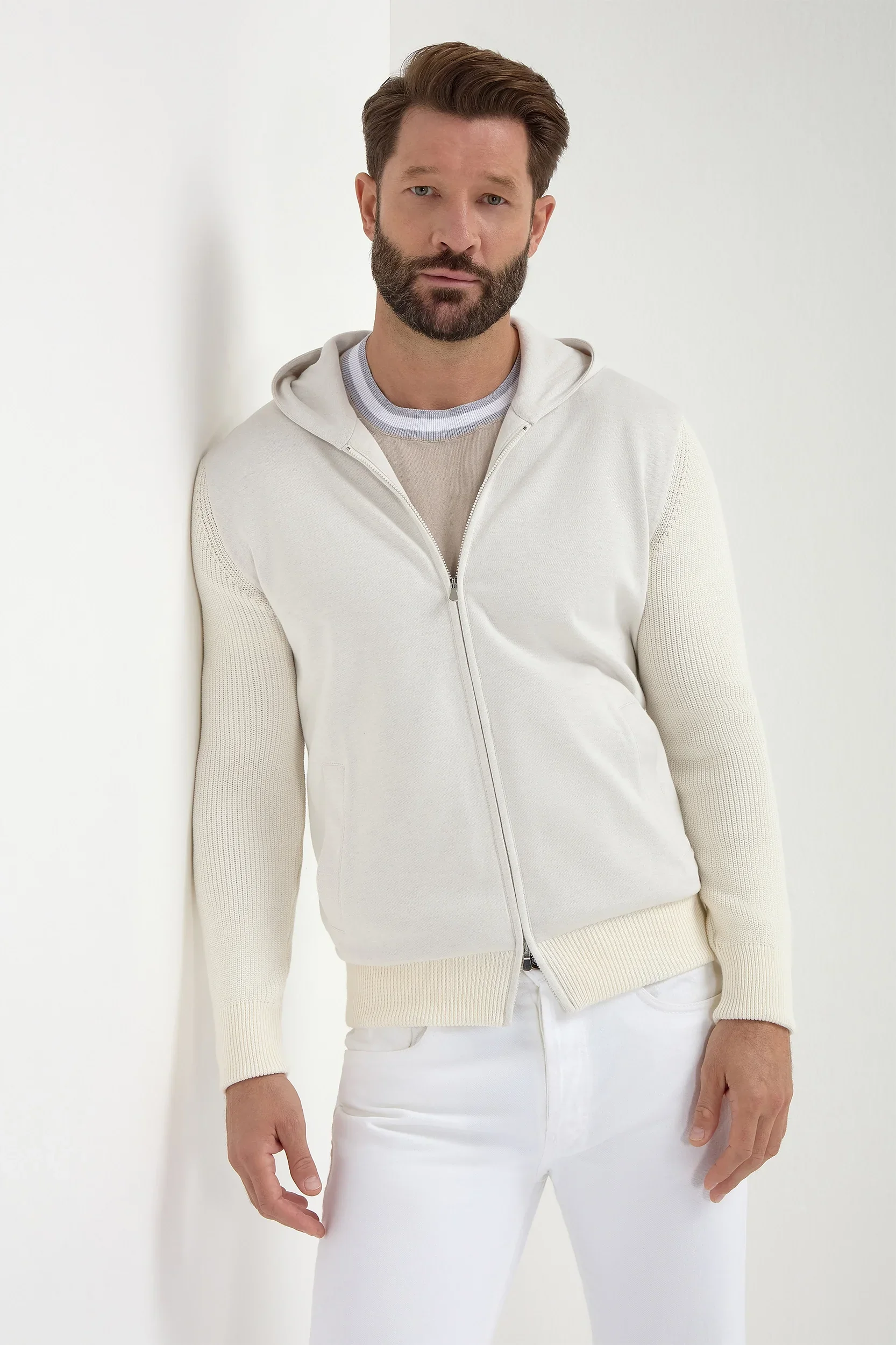 Off-white ribbed bomber with hoodie - Made in Italy