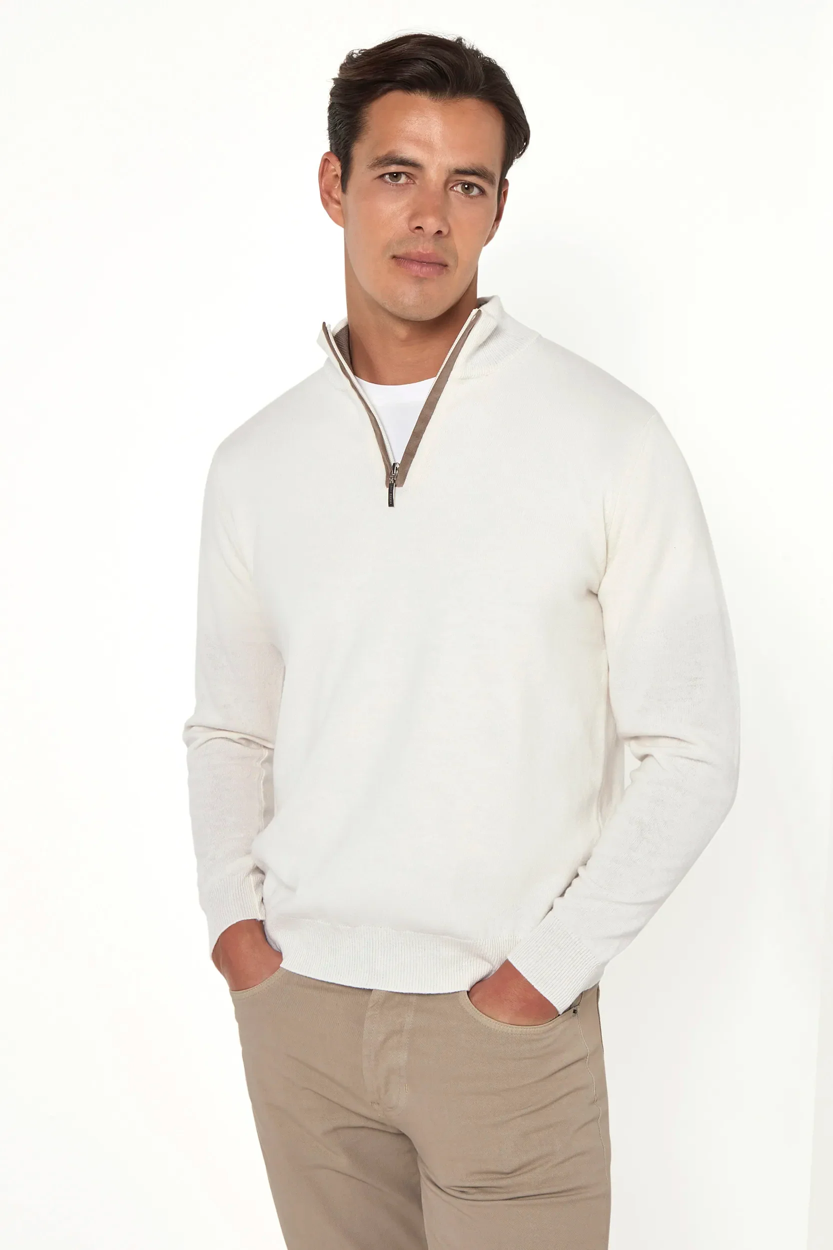 Off-white wool and cashmere half zip - Made in Italy