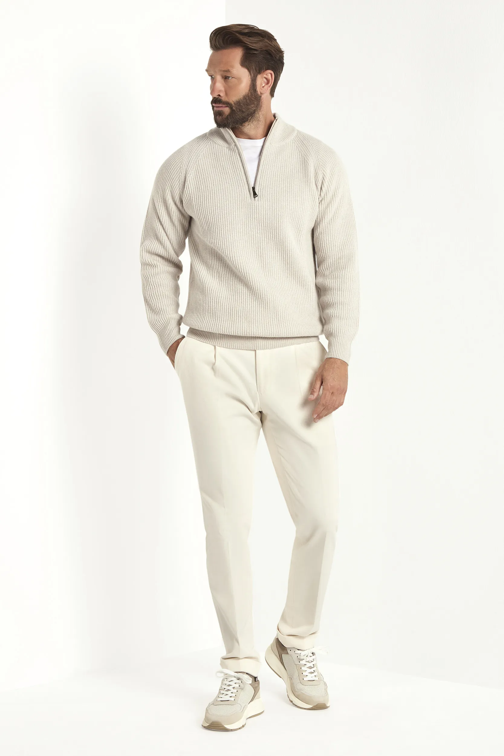 Sand cashmere blend ribbed half zip - Made in Italy - Image 2