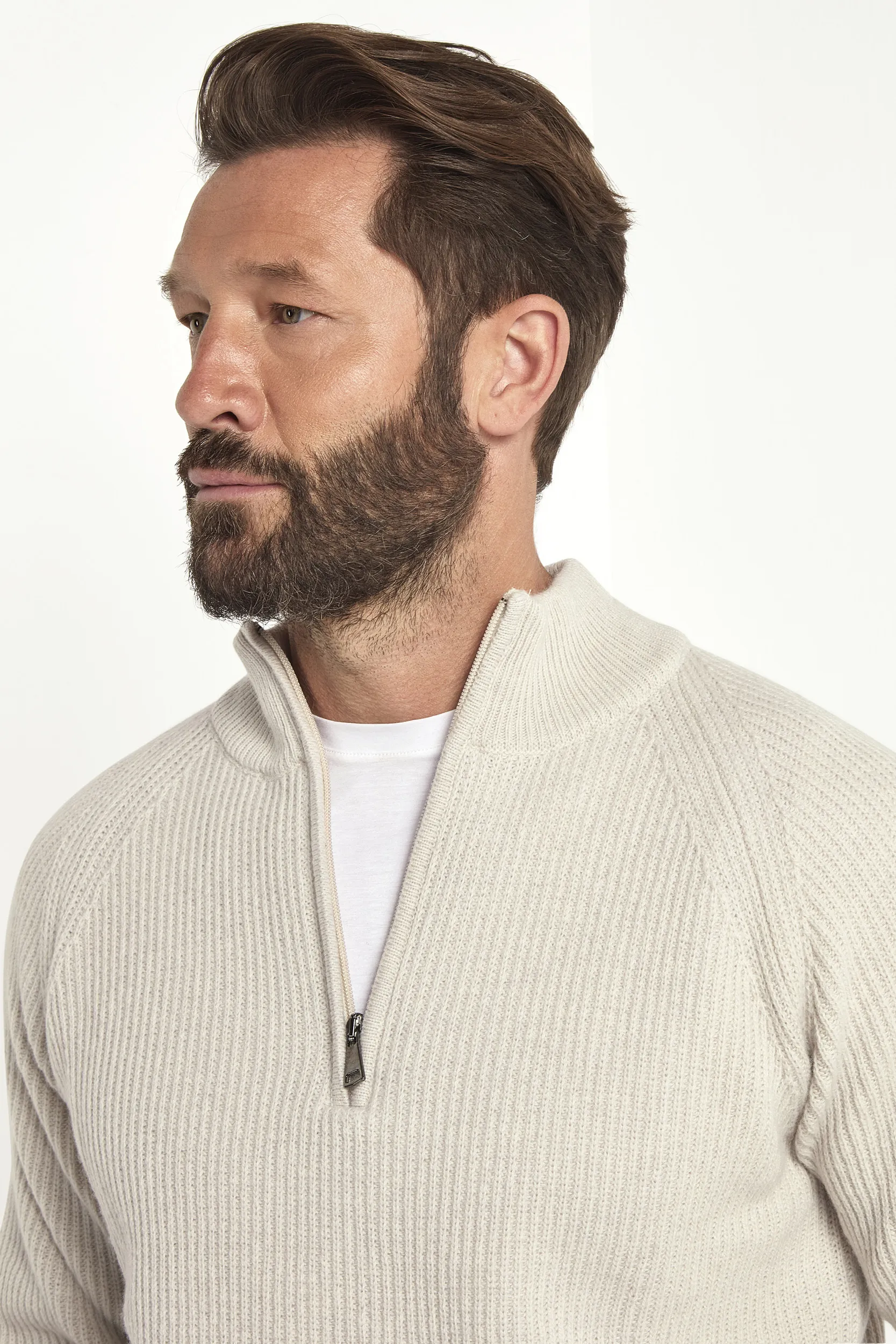 Sand cashmere blend ribbed half zip - Made in Italy - Image 3