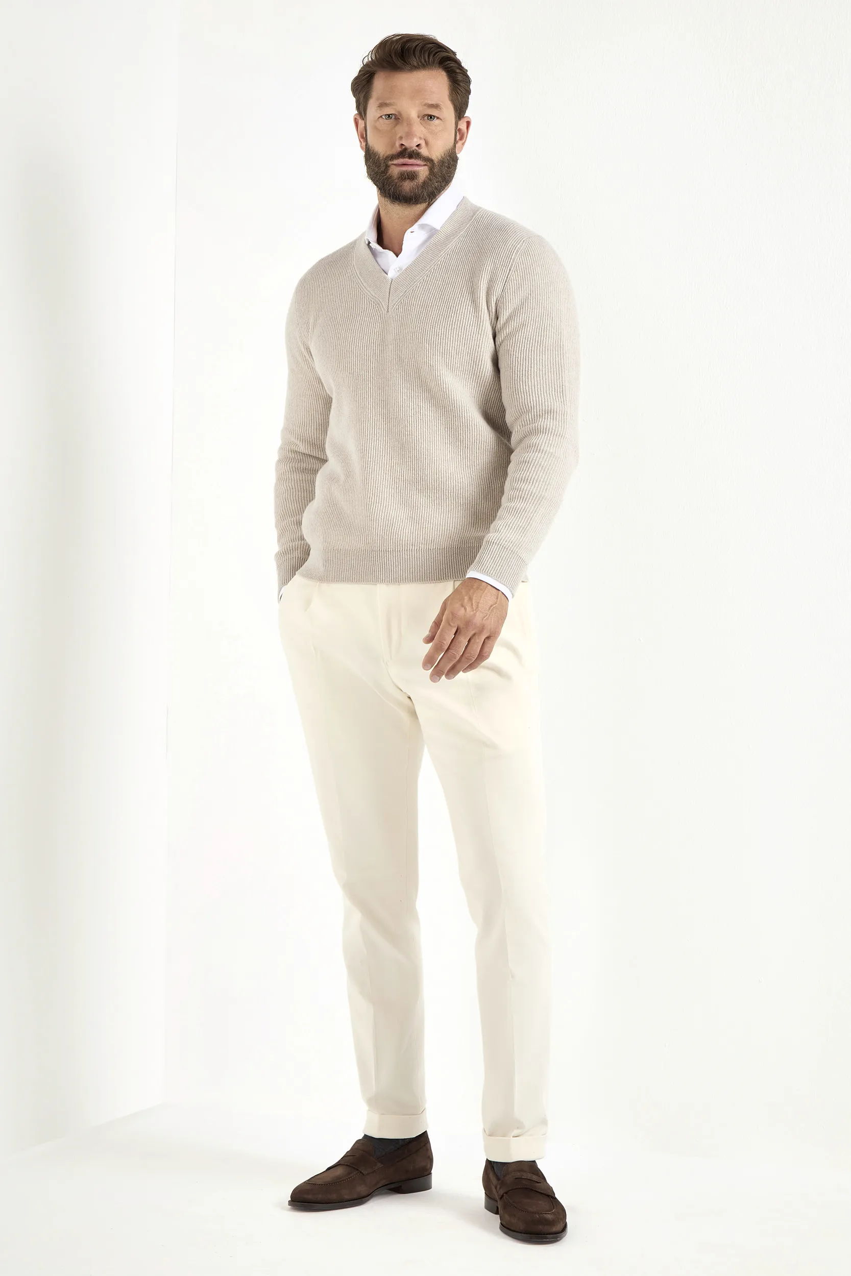 Sand ribbed v-neck sweater - Made in Italy - Image 2