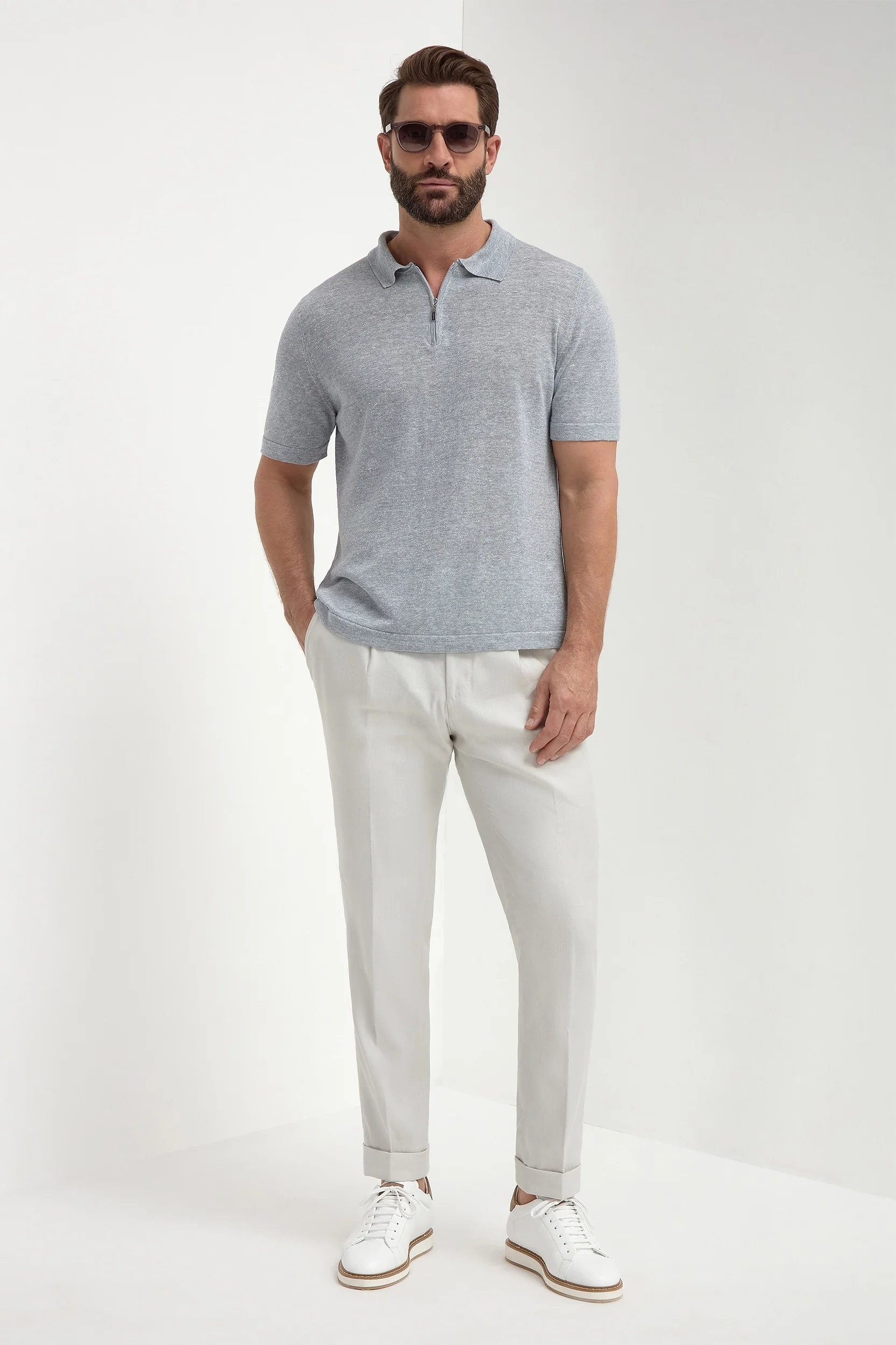 Sky grey linen and cotton zipped polo - Made in Italy - Image 3