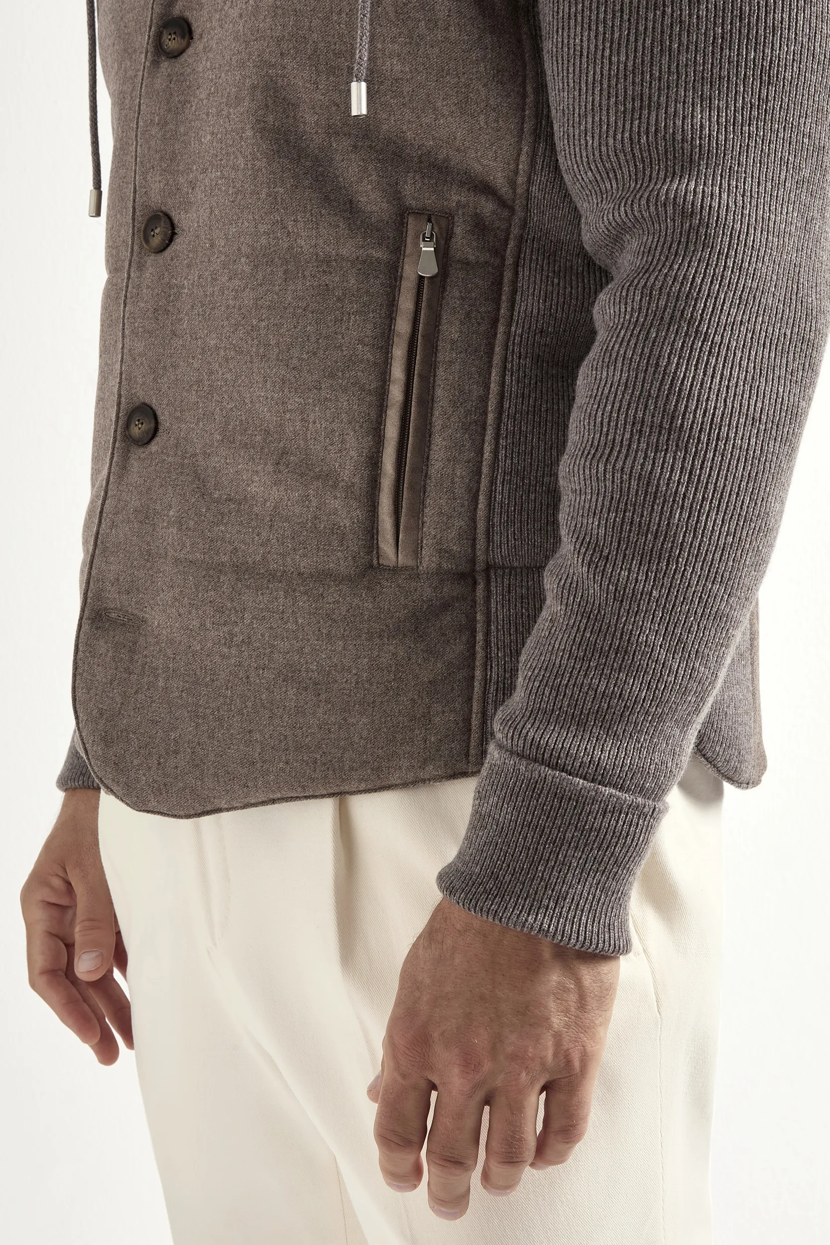 Taupe flannel and knit hooded jacket - Made in Italy - Image 2