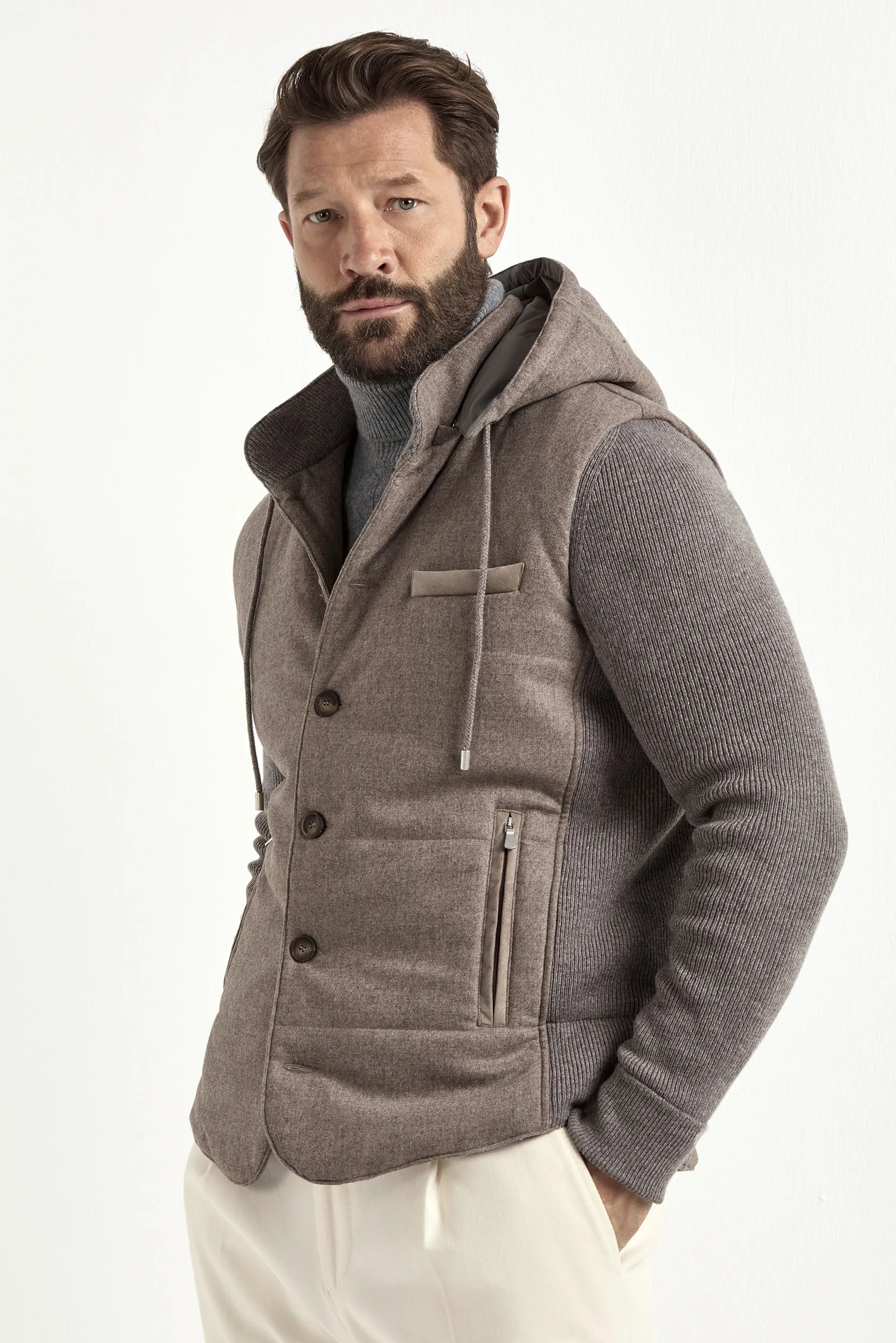 Taupe flannel and knit hooded jacket - Made in Italy - Image 4