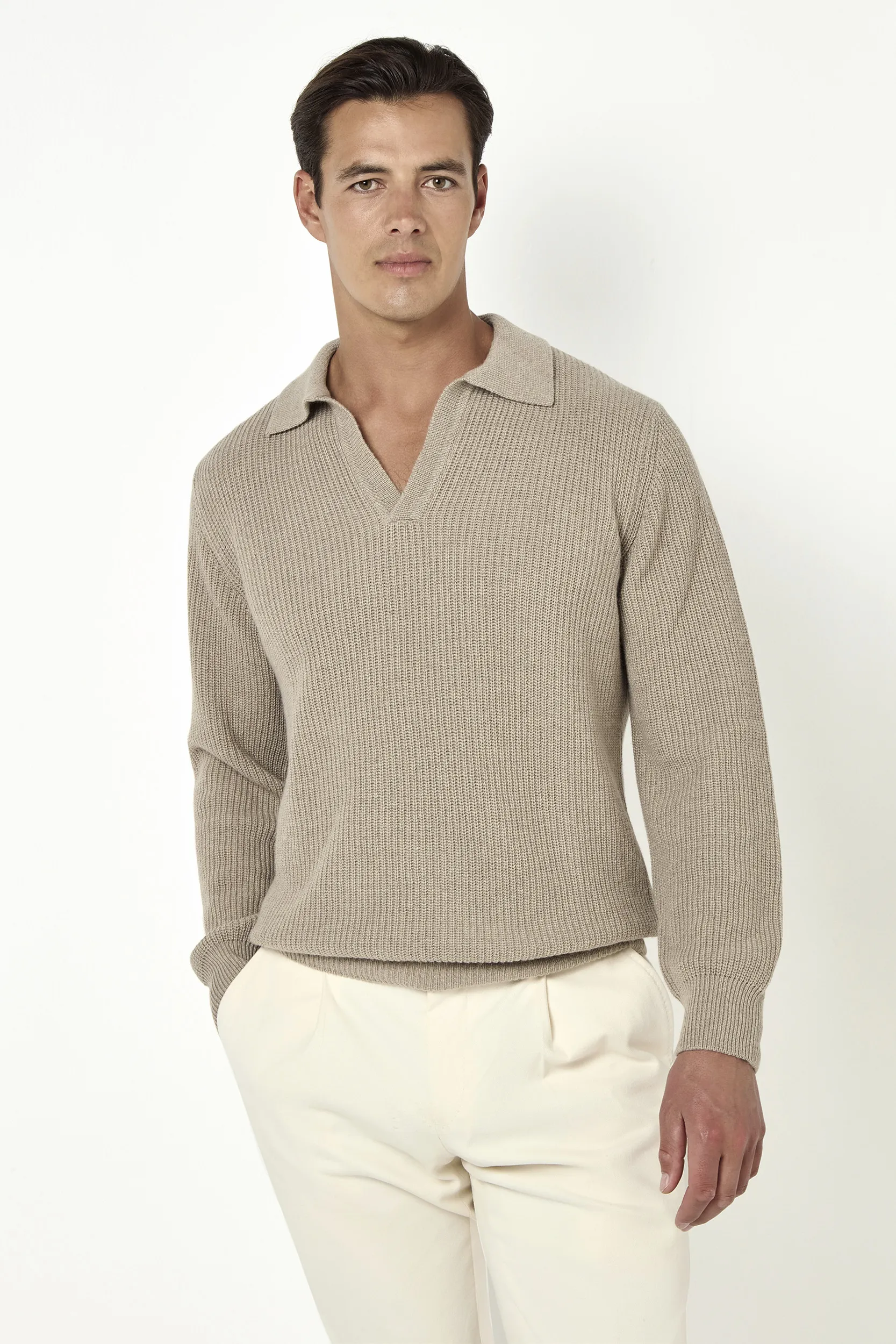 Taupe ribbed cashmere blend polo – Made in Italy - Image 3