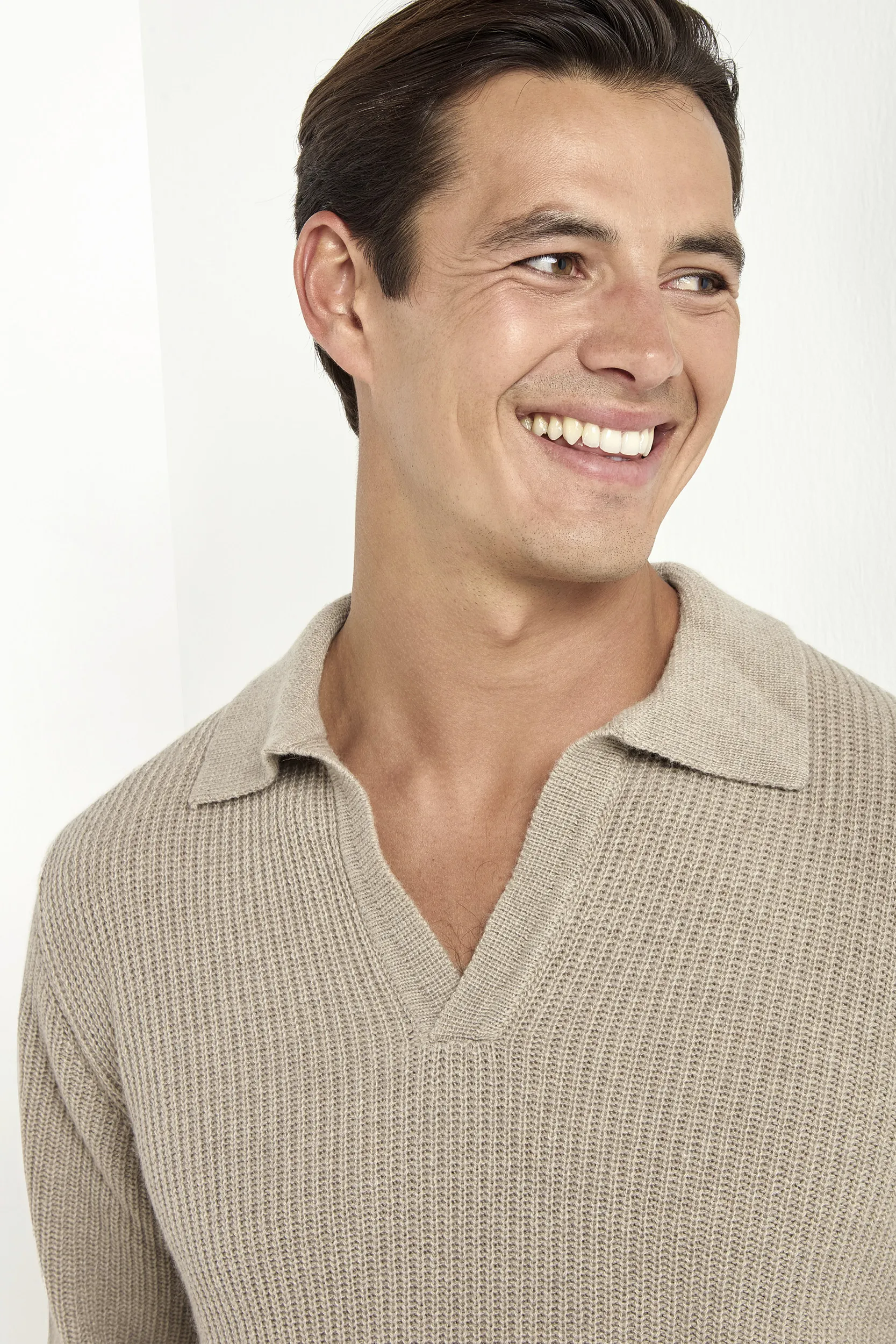 Taupe ribbed cashmere blend polo – Made in Italy - Image 4