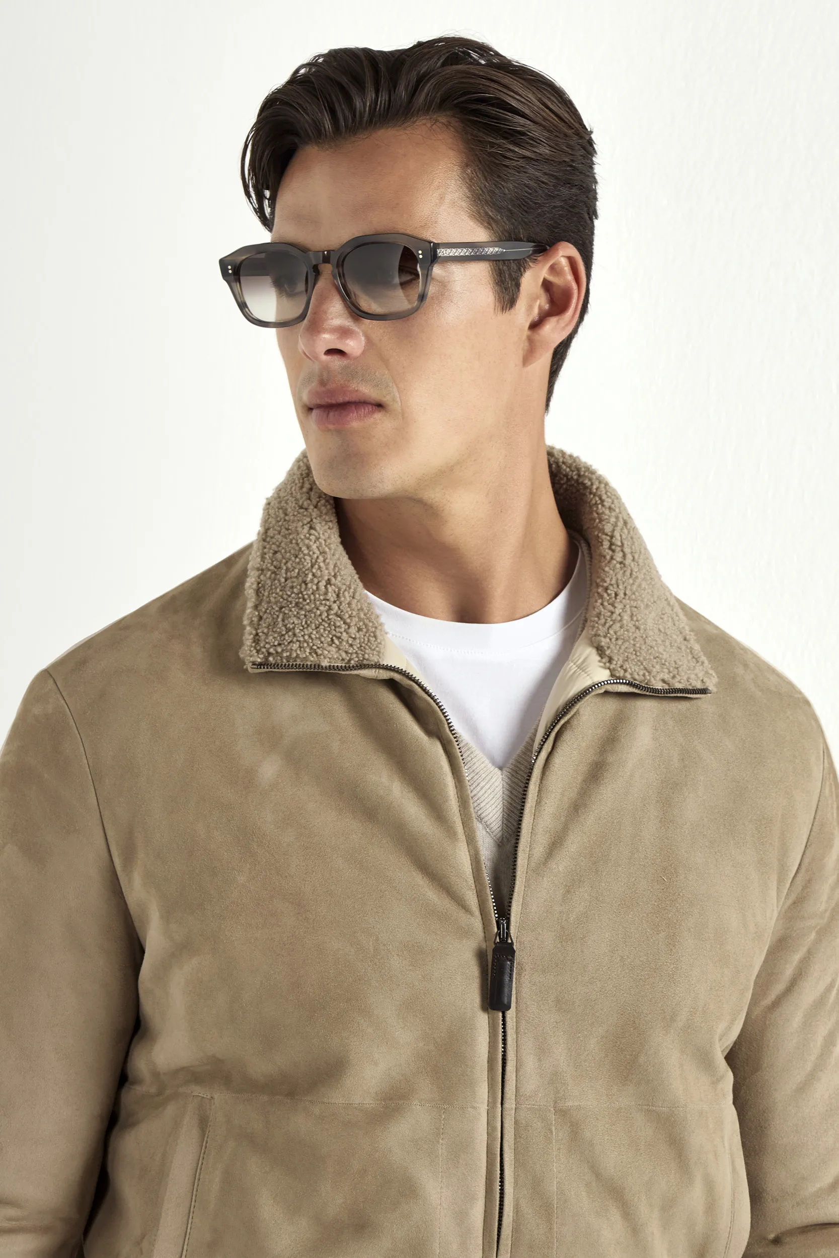 Taupe suede bomber with shearling collar - Made in Italy - Image 5