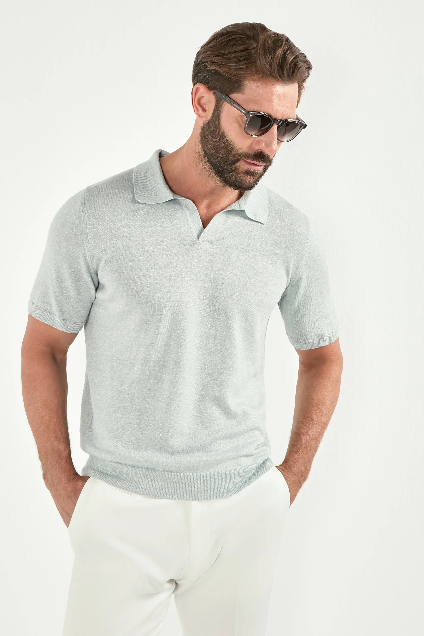 Water green cotton and linen polo - Made in Italy
