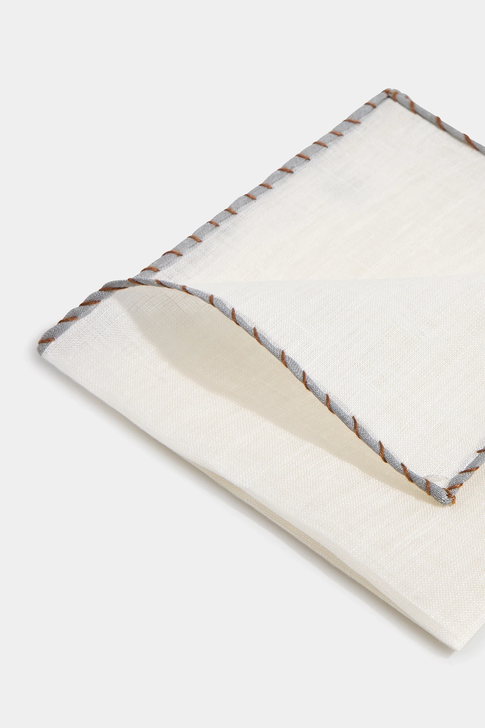 White linen pocket square with grey and cognac edges  - Made in Italy - Image 3