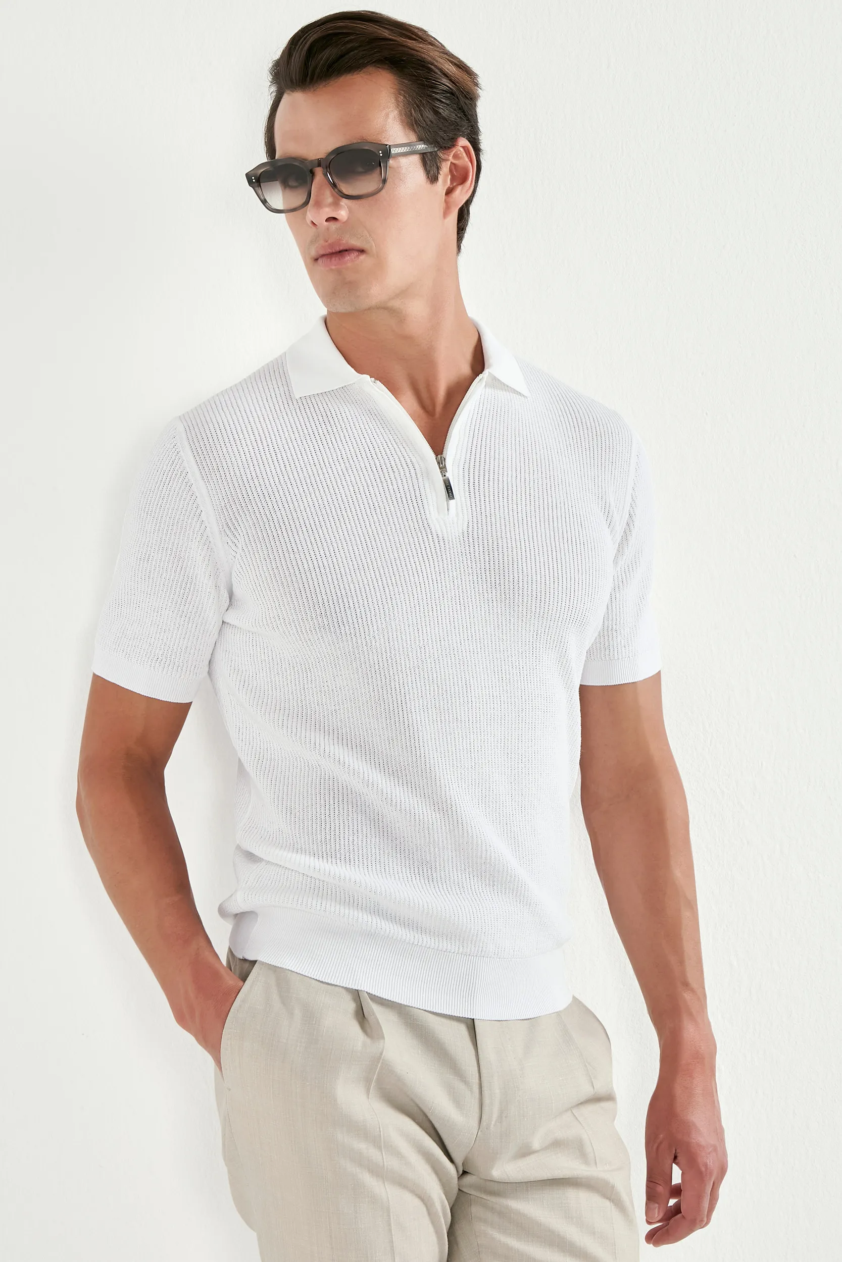 White ribbed zipped polo - Made in Italy